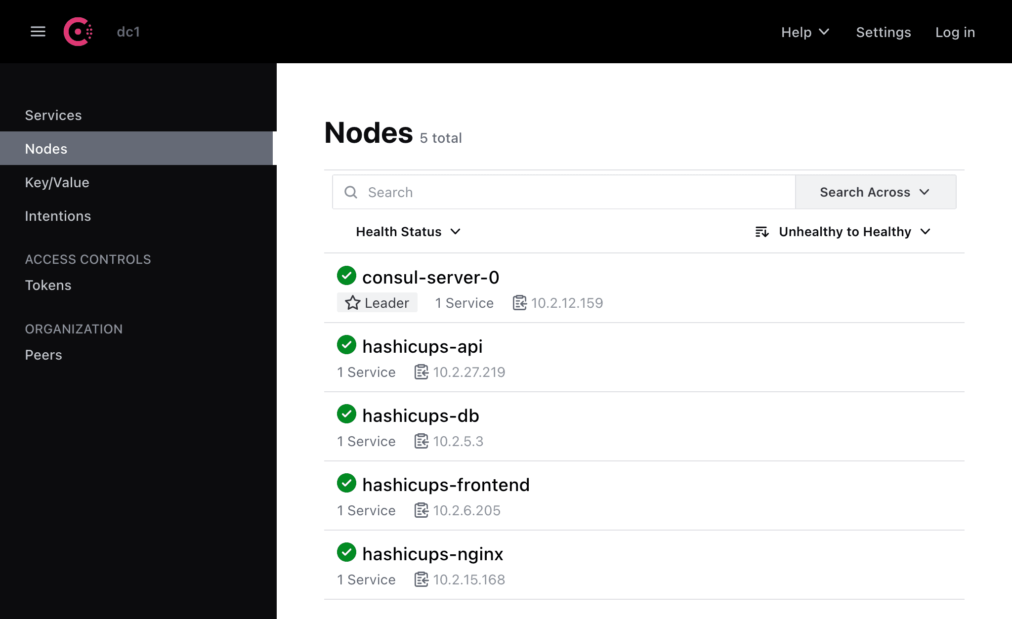 Nodes page with HashiCups