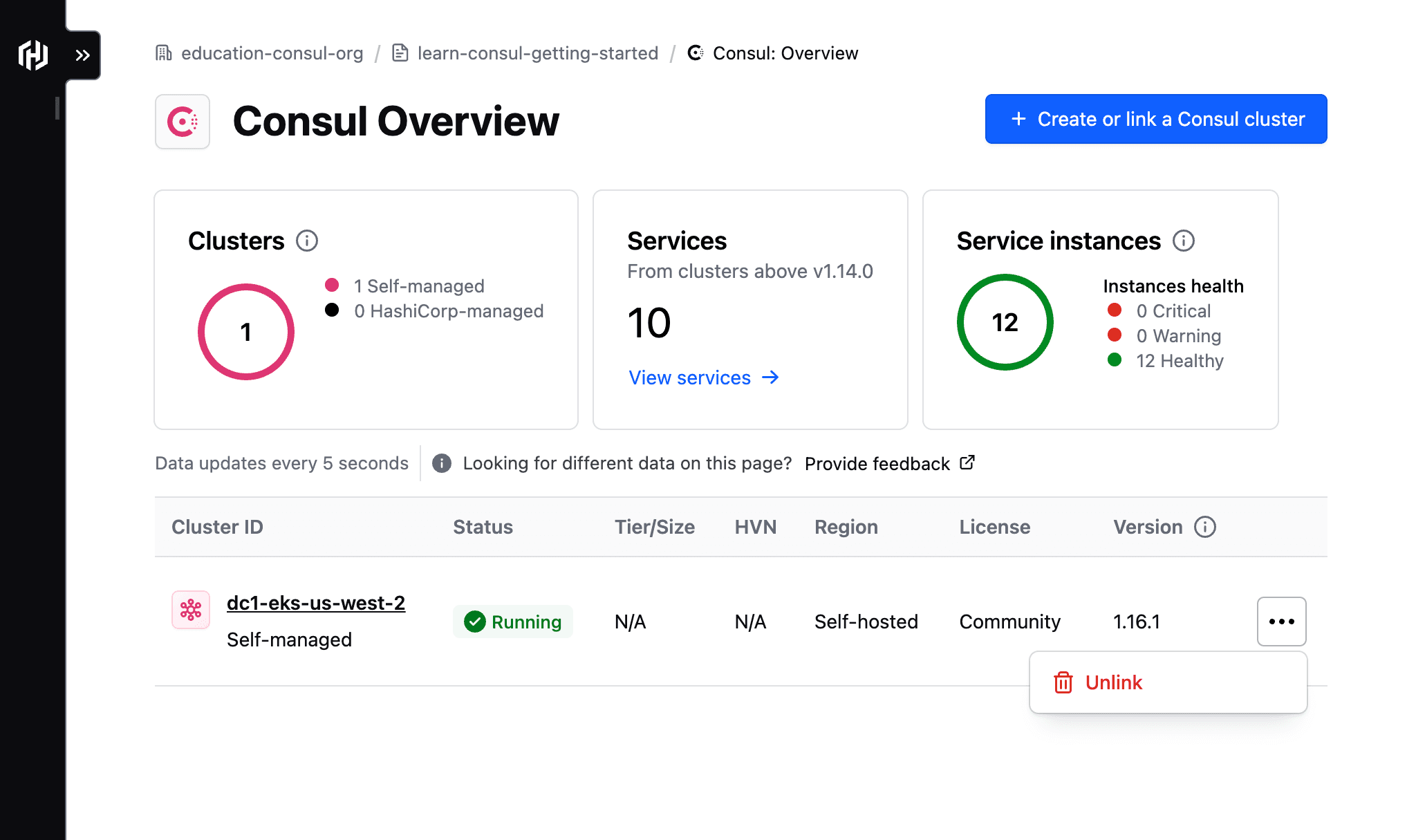 The HCP unlinking option for the self-managed Consul cluster.