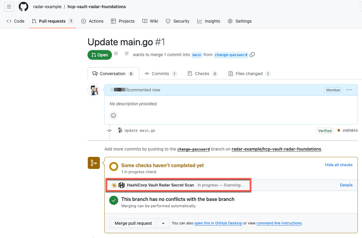 HCP Vault Radar GitHub app performing a pull request
scan